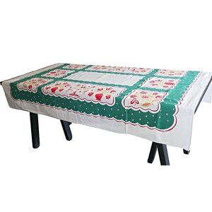 Vintage 1950s Floral Tablecloth MCM Cotton Blend Green & Red With Scallope
